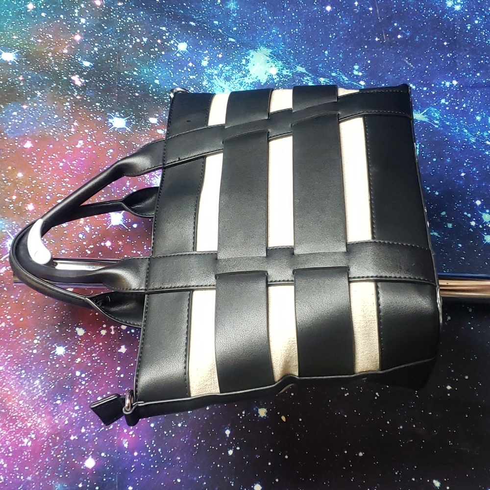 Black striped faux leather canvas bag tote miztique